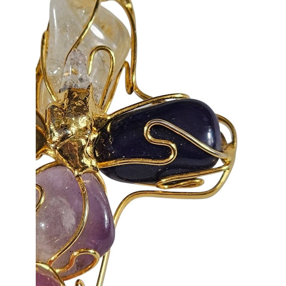 Multi Stone Cross Pendant Gold Tone Wire Wrapped Amethyst Quartz Agate Boho 3in - Picture 6 of 7
